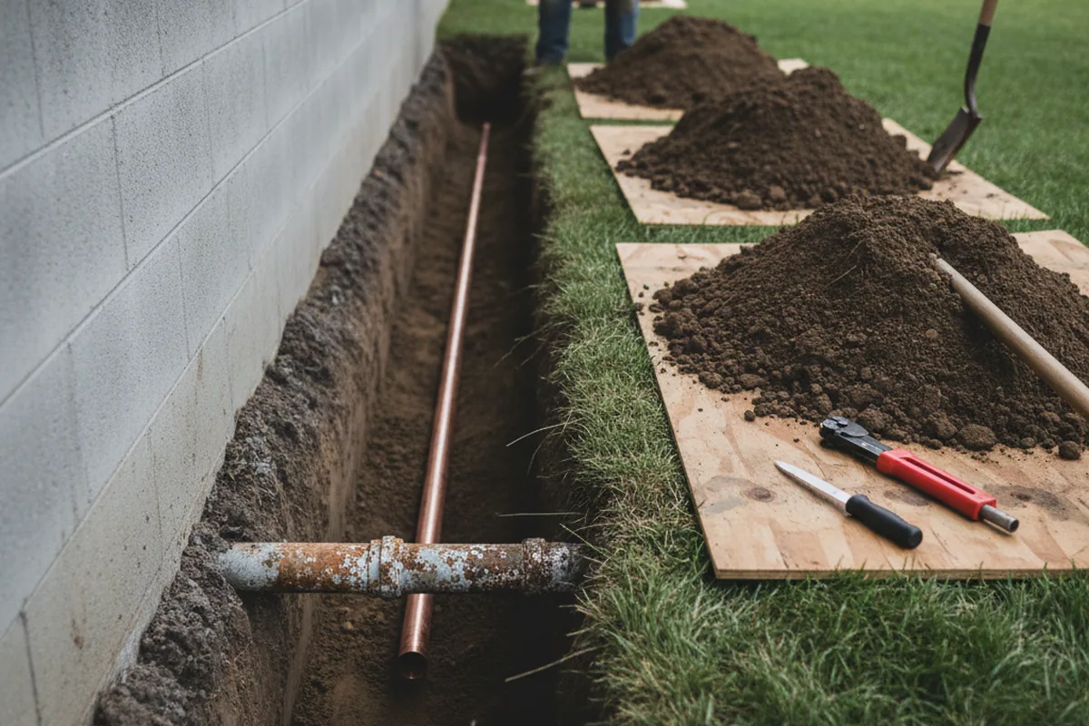 Excavated water line trench during Sewer Line Repair in Cairo